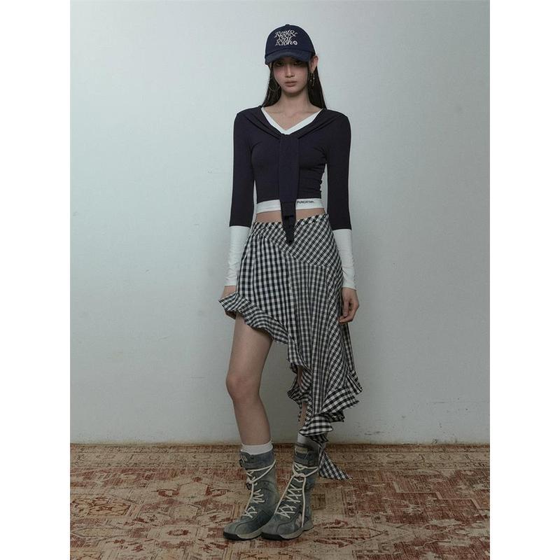 ChubChic COD Rok Panjang Wanita Motif Kotak-Kotak Tidak Teratur - Rok A-Line Pinggang Tinggi Desain 