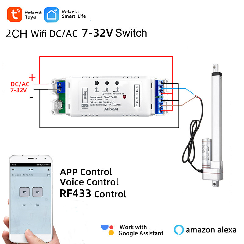 Pengontrol Motor Aktuator Linier Listrik Wifi Pintar Tuya, Sakelar 2 Saluran DC AC 12V 24V 32V, Remo