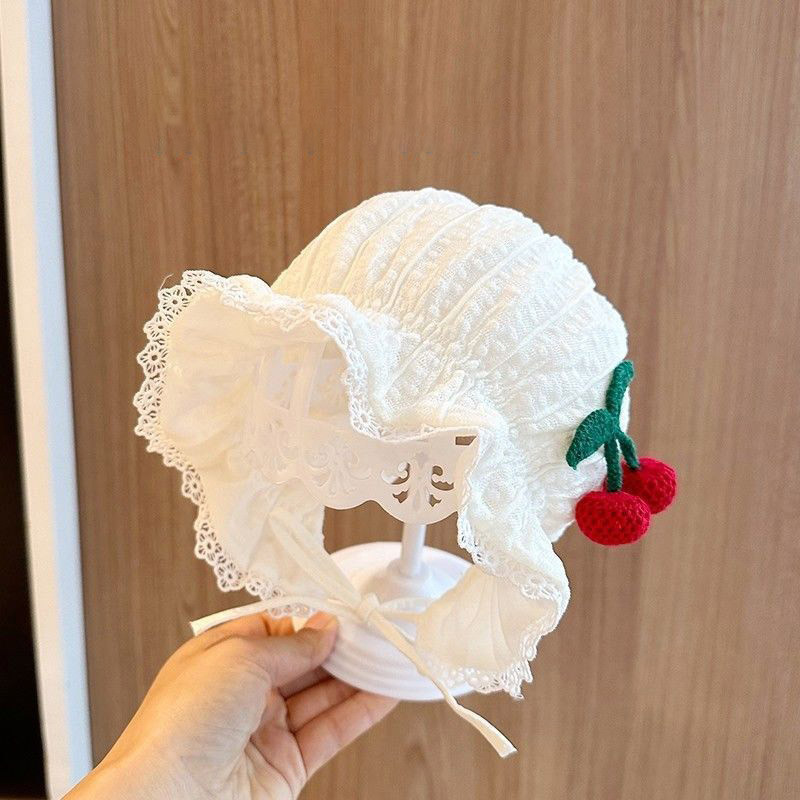 Cute Cherry Baby Newborn Palace Caps White Lace Ruffle Spring Summer Cotton Thin Bonnet for Girl Kid