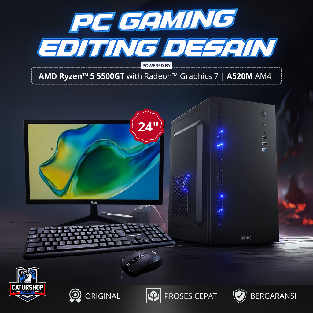 PC Rakitan Gaming AMD Ryzen 5 5500GT Radeon Vega 7 A520 DDR4 SSD NVME | CPU Rakitan Editing Desain