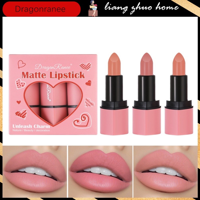 Dragon Ranee 3pcs/set Lipstik Bentuk Hati untuk Wanita, Lipstik Wajah Matte Velvet Mist, Lipstik Ben