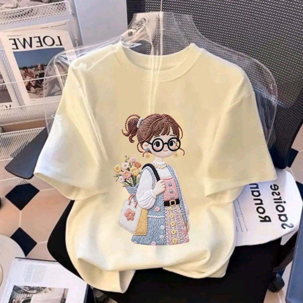 COD | Kaos Anak Perempuan Bordir Gadis Bunga Pola tercetak | Kaos Cewek Imut Cantik | Bahan Katun Ad