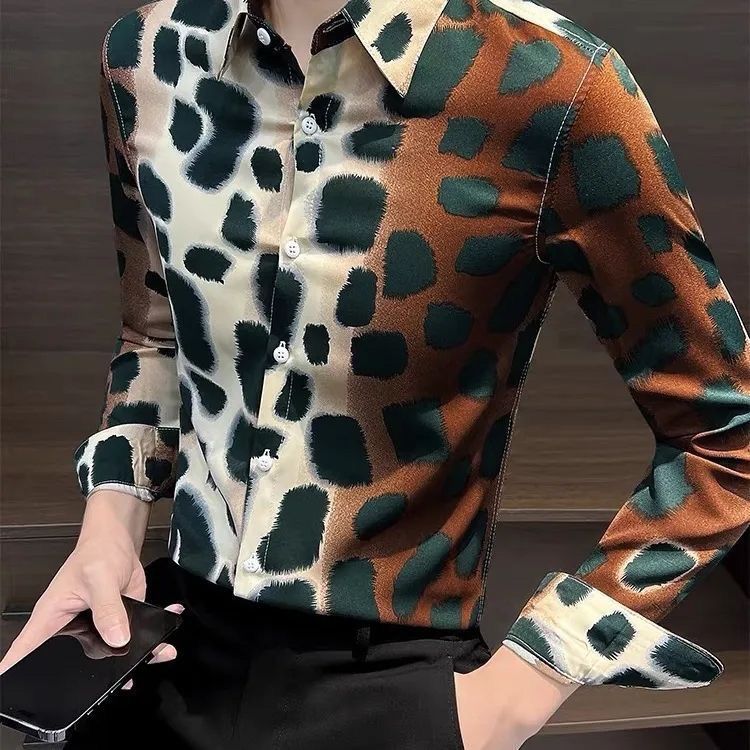 Kemeja Bermotif Bunga untuk Pria, Kemeja Lengan Panjang Slim Fit Motif Leopard