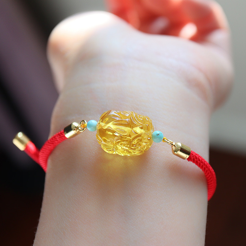 Lilin lebah alami Tali merah Pixiu, gelang anyaman, tali tangan tahun kelahiran 14-17cm lingkar tang