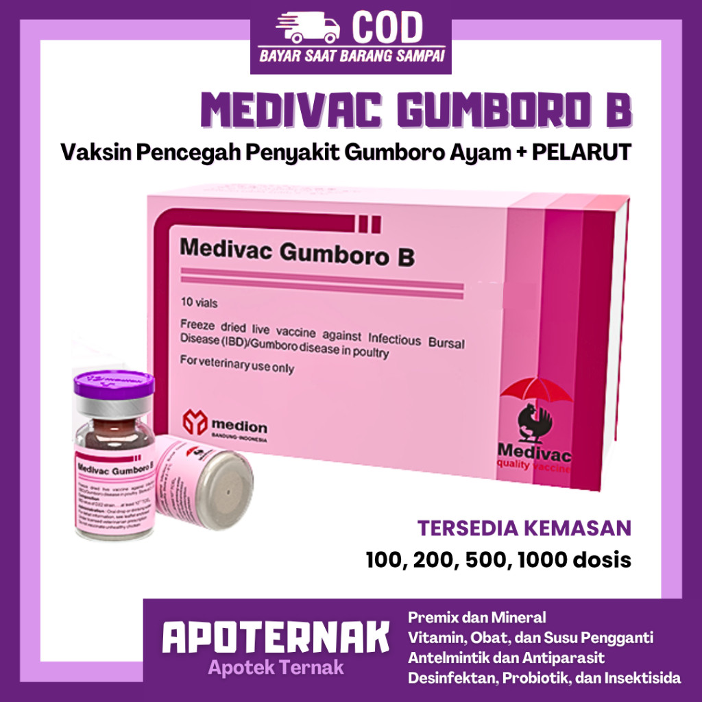 VAKSIN MEDIVAC GUMBORO B 100 500 DOSIS + PELARUT - Vaksin IBD Gumboro Ayam Burung Unggas