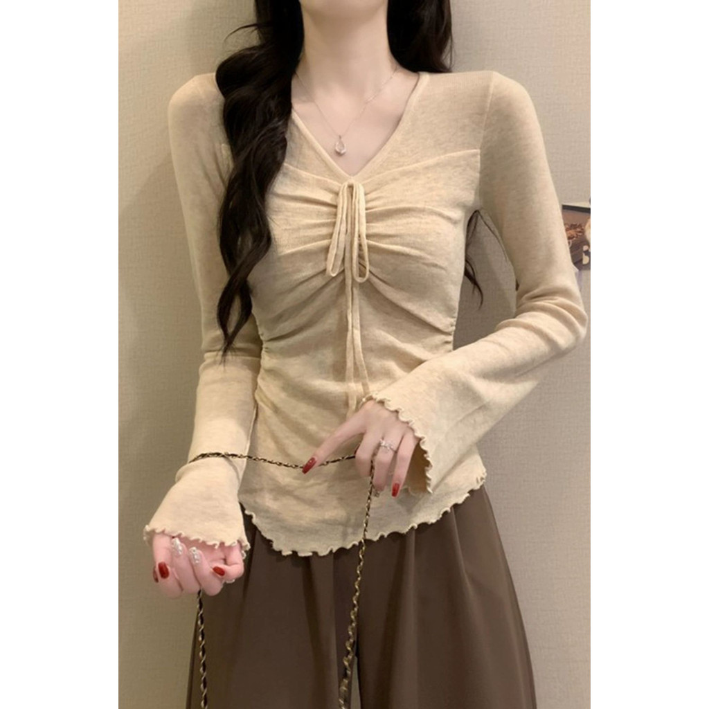 Khaki lengan panjang rajutan kemeja bawah suasana awal musim gugur wanita unik dan indah, miu besar 