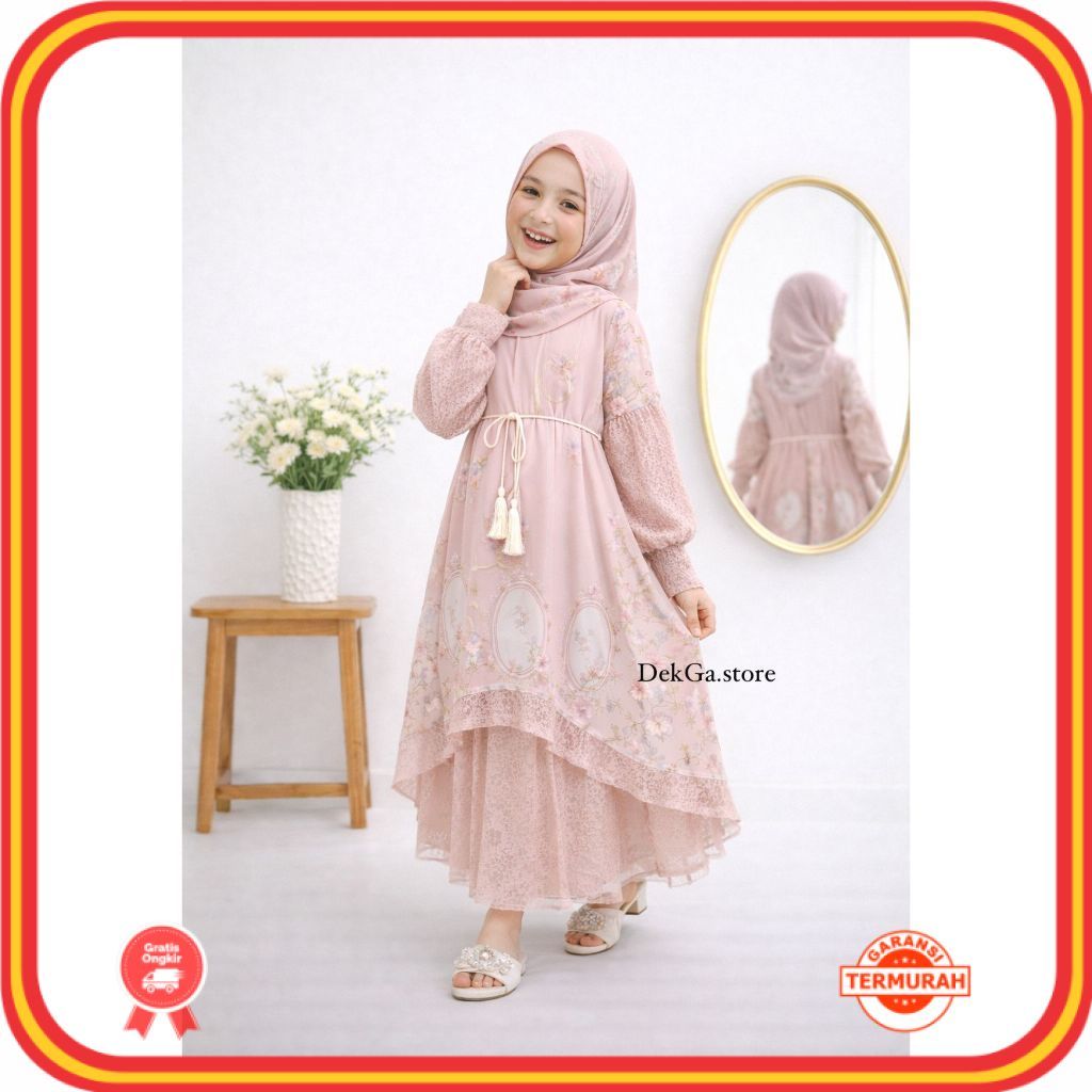 2-12tahun Gamis Anak Syari Lebaran | Gamis trend terbaru Anak Perempuan Lengan BrokatBaju Muslim wan