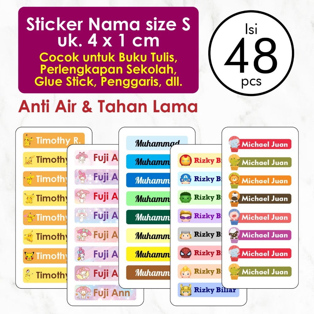 Stiker Label Nama Anak Custom Ukuran S isi 48 pcs Label Nama Anak Waterproof Tahan Air Stiker Pensil