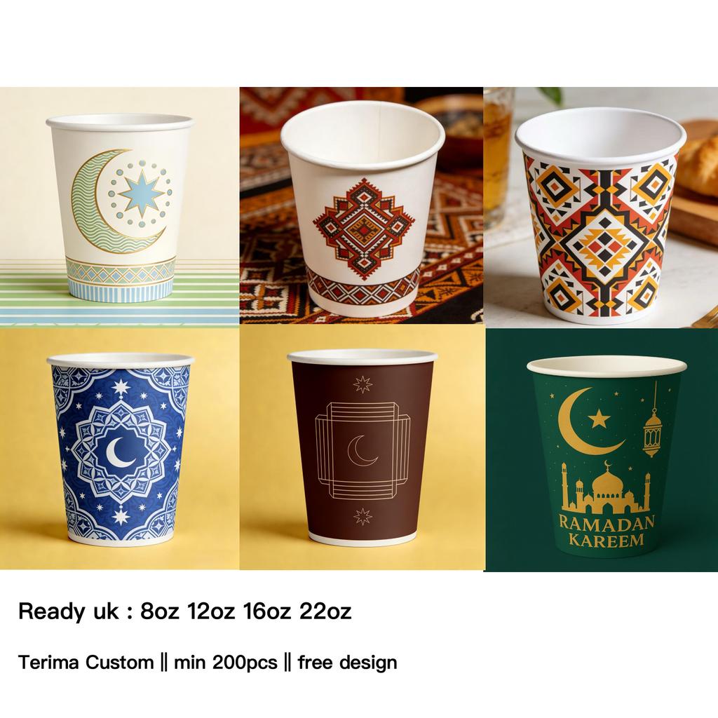 Paper Cup Custom Tema Ramadan | Gelas Kertas Hot Cup 8oz 12oz 16oz 22oz | Single & Double Wall | Tah