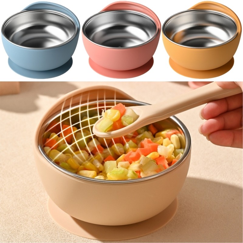 Stainless Steel Baby Bowls with Removable Silicone Suction Toddlers Bowl Plate Anti Scald Snack Cont