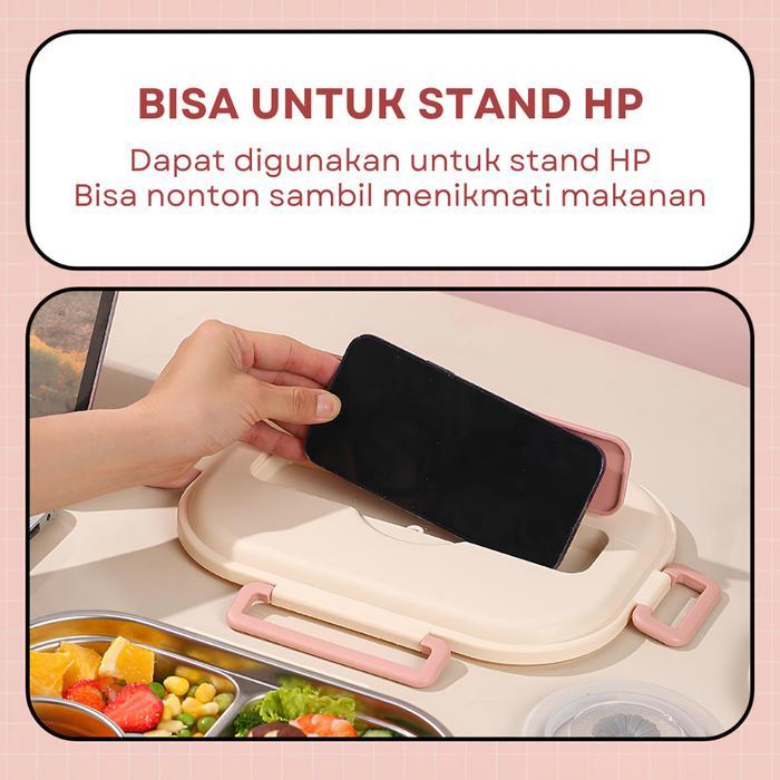 [PINK] FREE TAS Lunch box kotak makan Set stainless 304 sekat 4/5 1500ml anti tumpah sendok garpu St