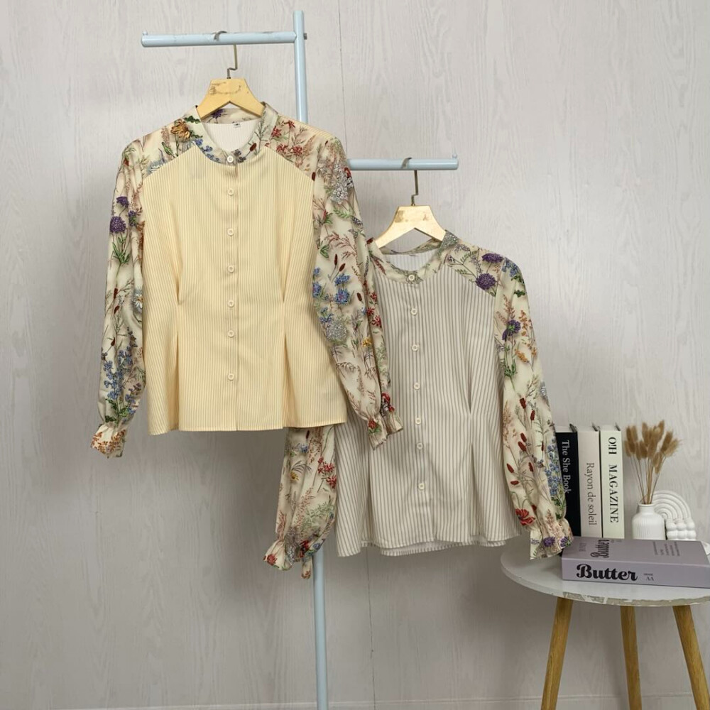 CHICMORE Kemeja Wanita Kuning/Khaki Motif Bunga Elegan | Atasan Wanita | Kemeja Casual Wanita | Keme