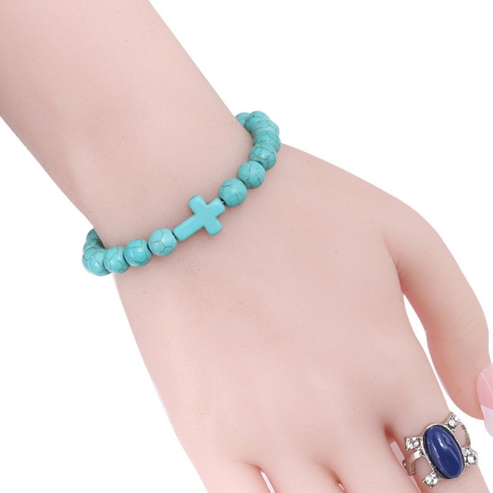 8mm Beads Religious Cross Bracelet for Women Men Natural Turquoise Stone Elastic Link Prayer Bracele
