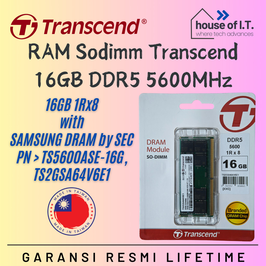 RAM SODIMM TRANSCEND 16GB DDR5 5600MHz with SAMSUNG DRAM by SEC