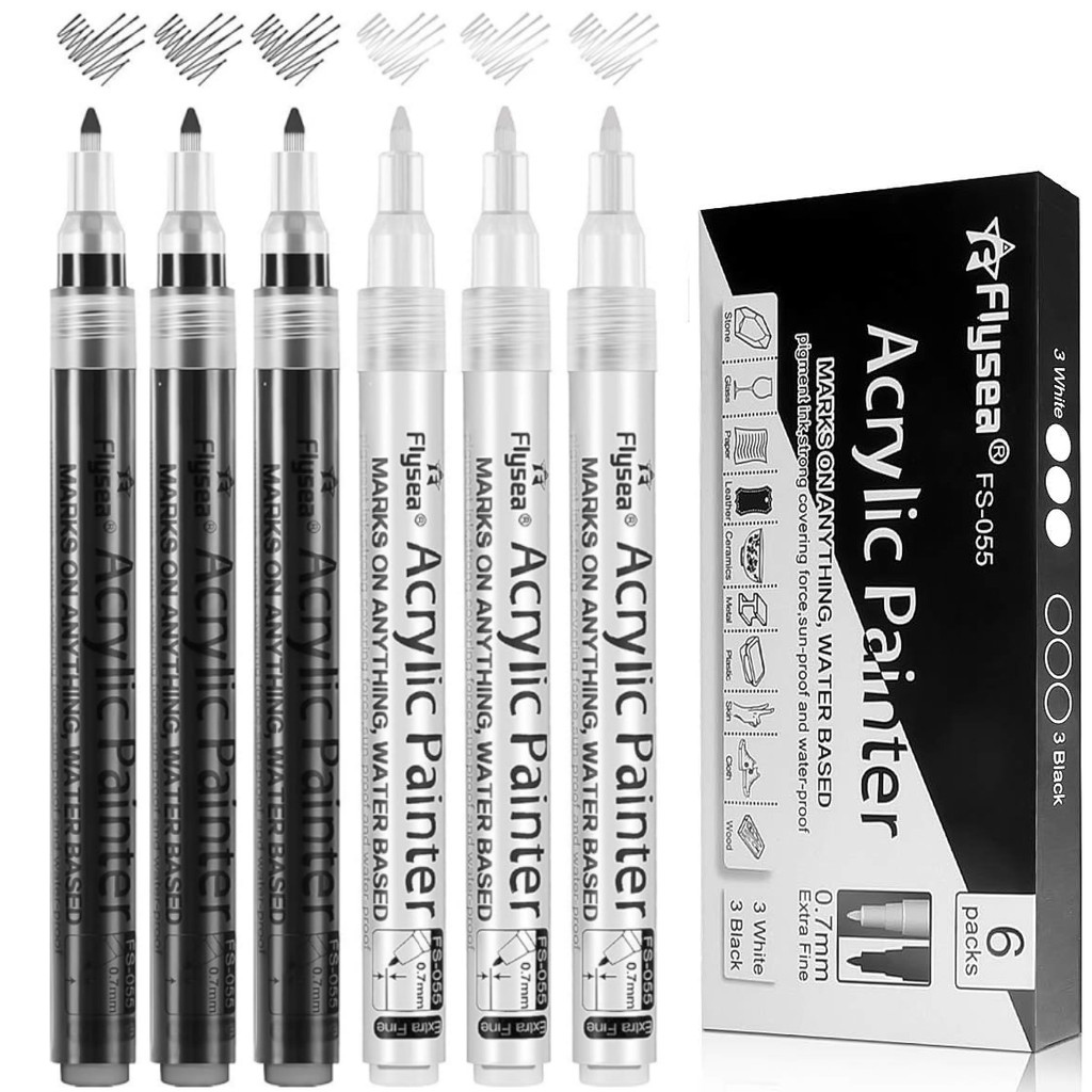 6Pcs Black White Gold Silvery Acrylic Paint Pens, Acrylic Paint Markers 0.7 mm Extra Fine,3 mm Meum 