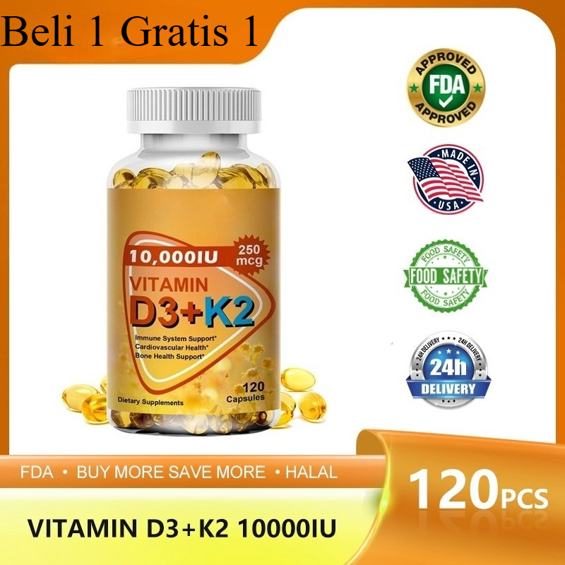 Vitamin D3 K2 Capsules 10000IU (Bone Health) 120pcs Vitamin D3 K2 Kapsul 10000IU (Kesehatan Tulang)