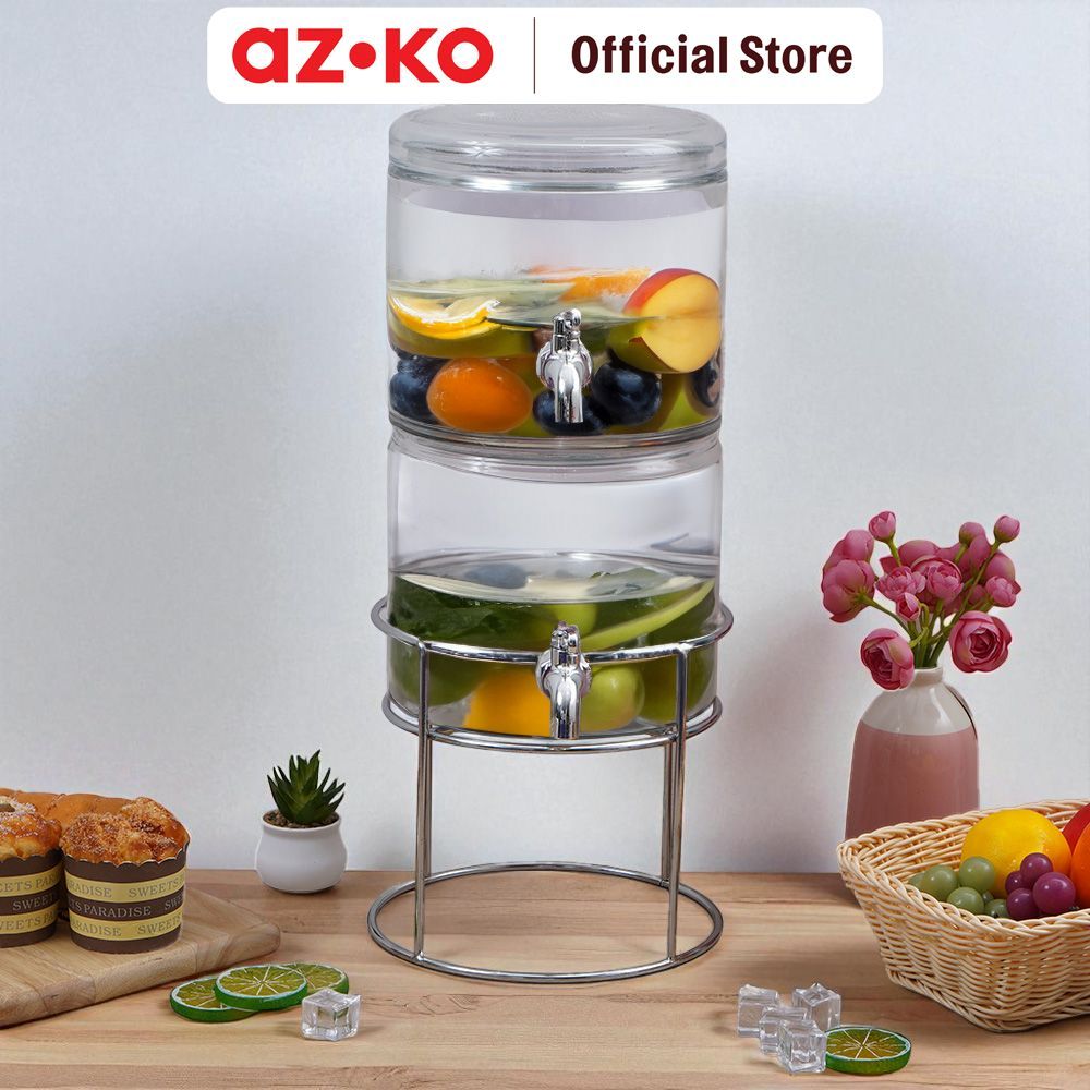 AZKO Culinart 3.8 ltr Set 2 Pcs Minimal Dispenser Minuman Kaca Dengan Rak Transparan Juice Dispenser