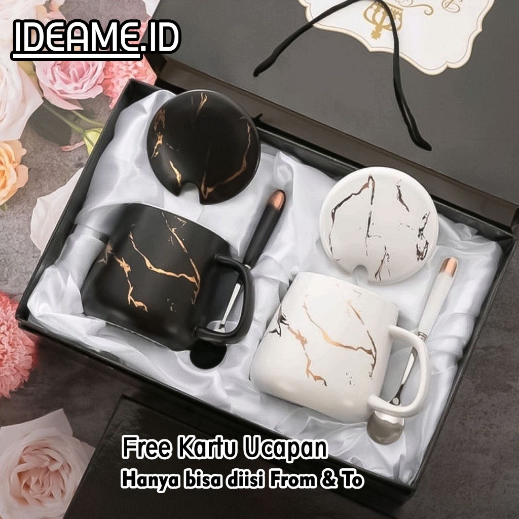 Ideame Hampers Gelas Marble Glass Couple / Canada Marble Mug Gift Box / Gelas Mug Marble Tutup / Ham