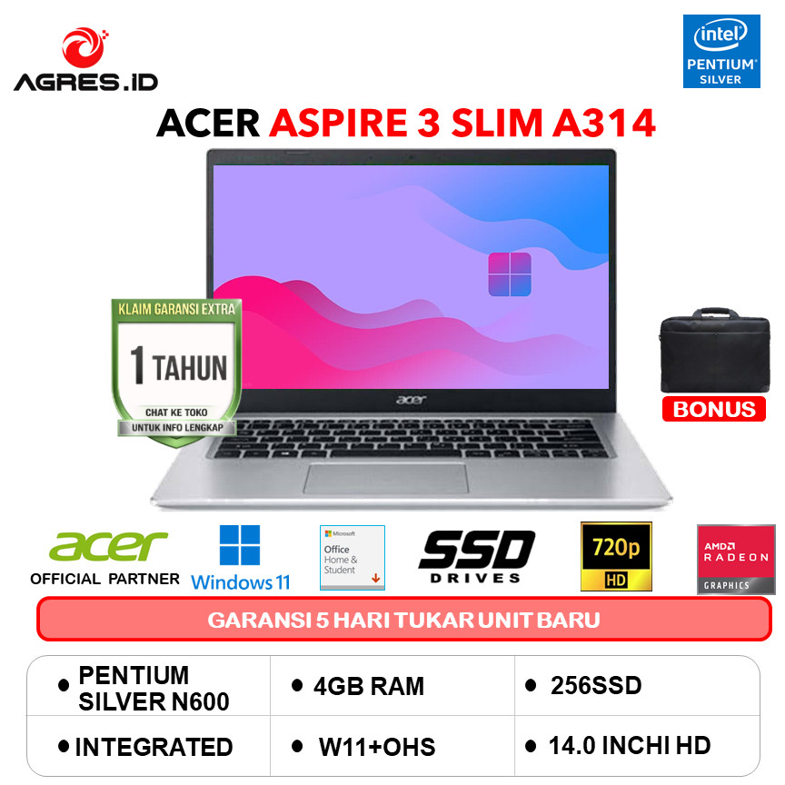 ACER ASPIRE 3 SLIM A314 PENTIUM SILVER N6000 4GB 256SSD W11+OHS 14.0 SLV -35.P5N3