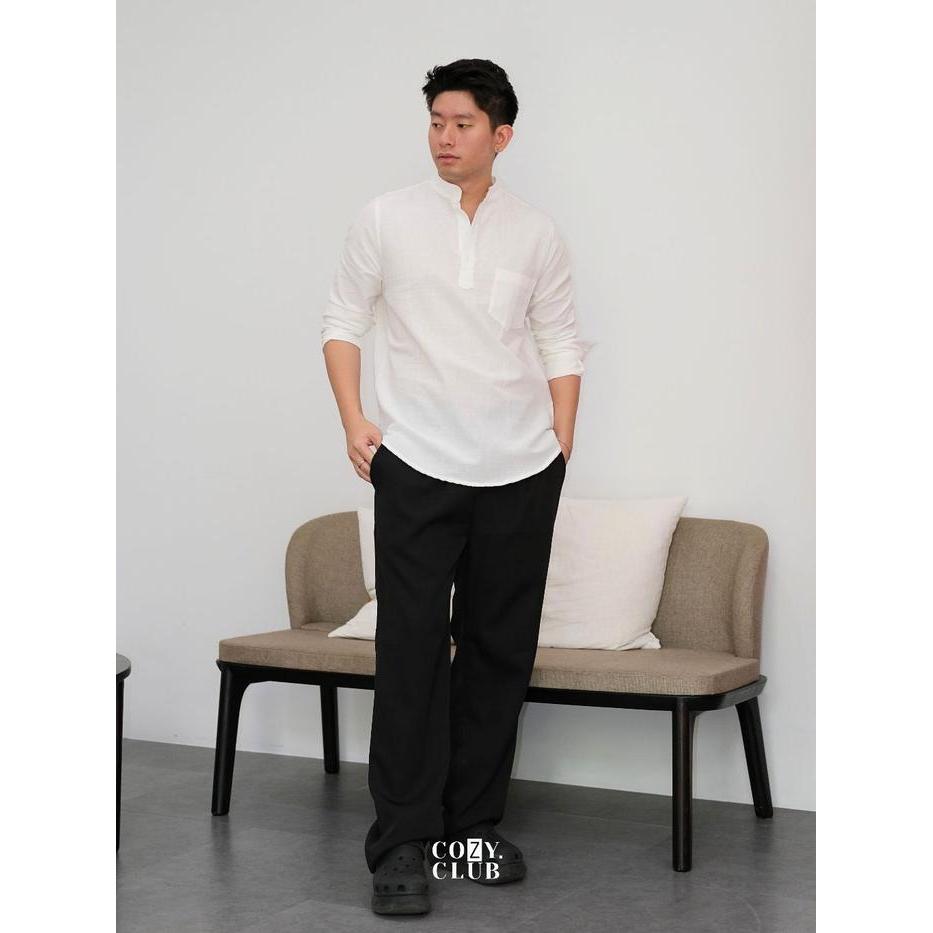 COZYCLUB Linen Koko Polo | Kaos Kerah Koko Pria Lengan Panjang | 171 - Black, S