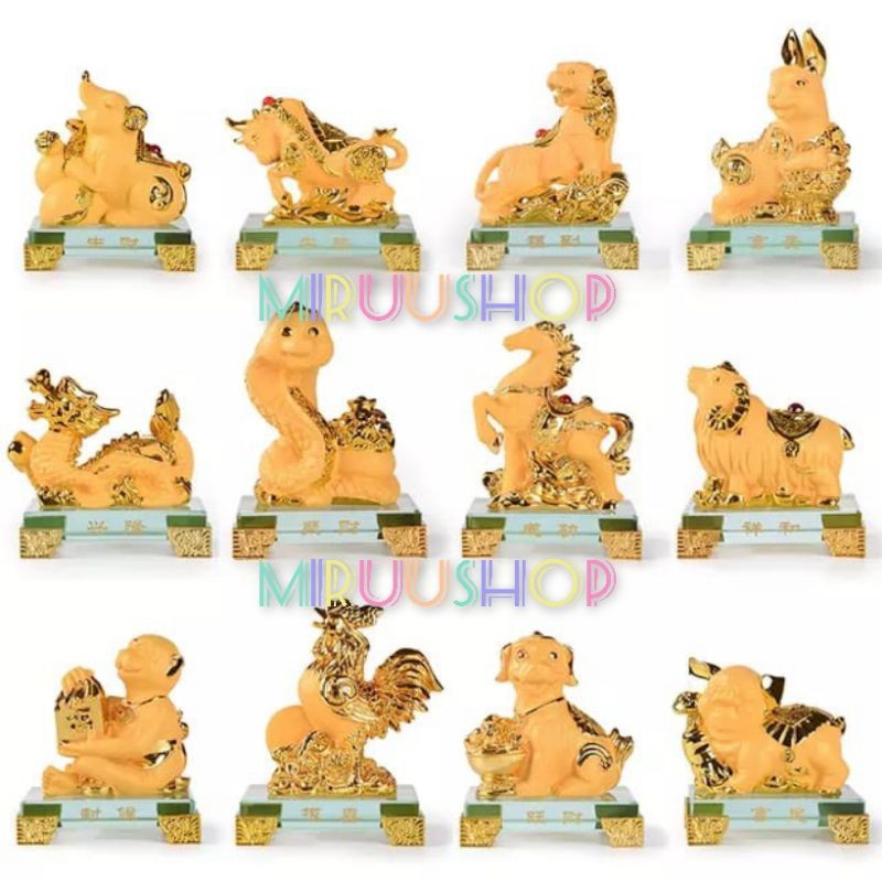 GENAOLSHOP Patung hiasan dekorasi 12 shio tikus kerbau macan kelinci naga ular kuda kambing monyet a