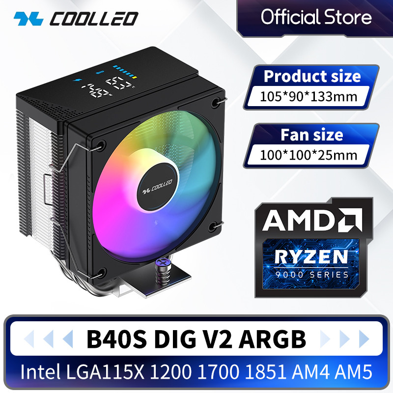 COOLLEO B40S G V2 4 Heat Pipes CPU Cooler with Real-Time Temp & RPM splay for Intel LGA1700/AMD PWM 