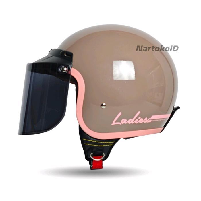 Helm Bogo Dewasa Ladies Wanita List Pink Aesthetic Busa Coklat Kombinasi Flat Visor - MiLLO Glossy, 