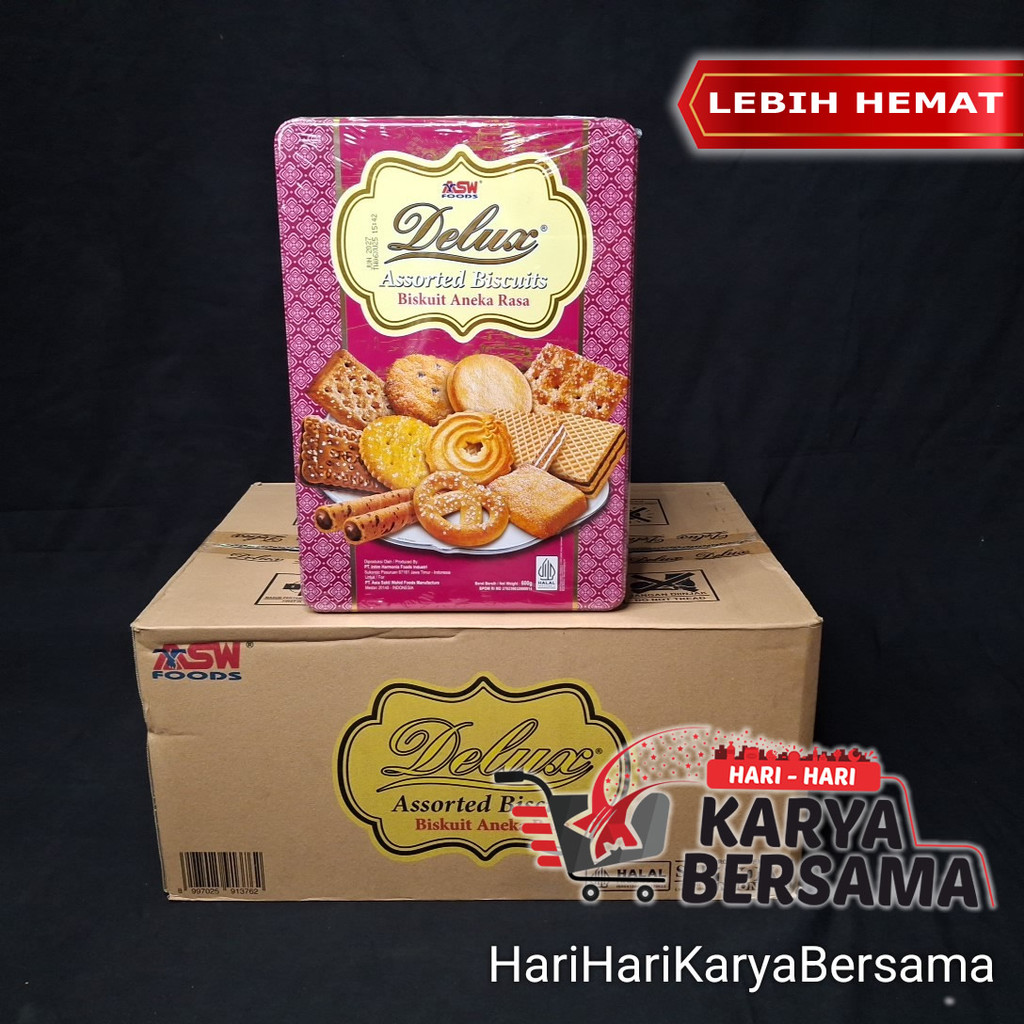 MAKANAN RINGAN BISKUIT KALENG LEBARAN ASW FOODS DELUX ASSORTED BISCUITS PER KARTON ISI 6'S X 600GR