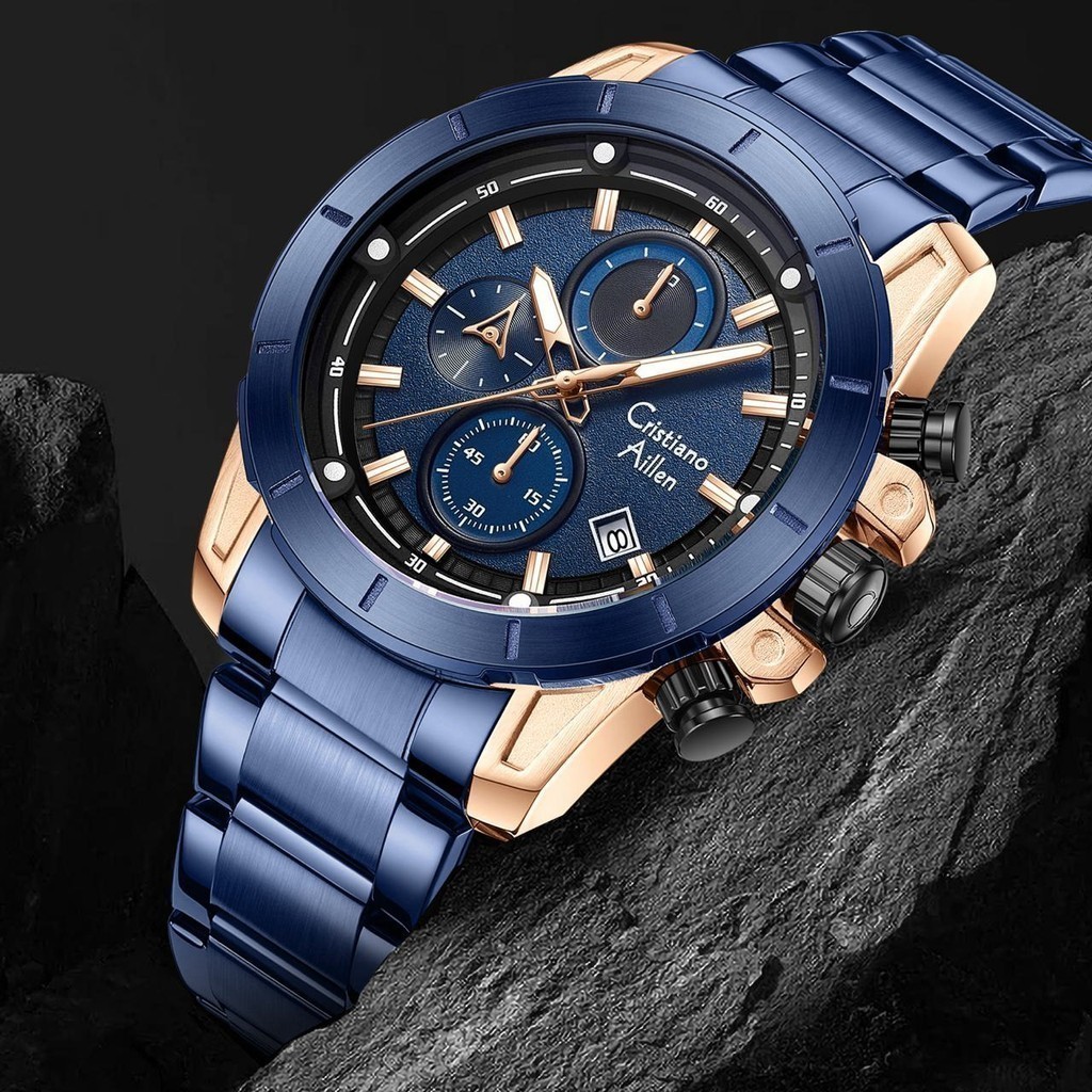 Original Cristiano Aillen Jam Tangan Pria Analog 8893 Rantai Stainless Steel Chronograph Kaca Sapphi