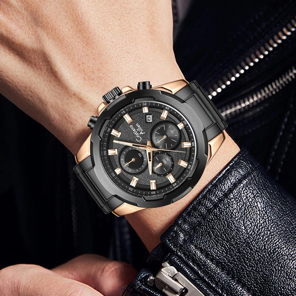 Cristiano Aillen Jam Tangan Pria Analog 8888 Rantai Stainless Steel Chronograph Kaca Sapphire Water 