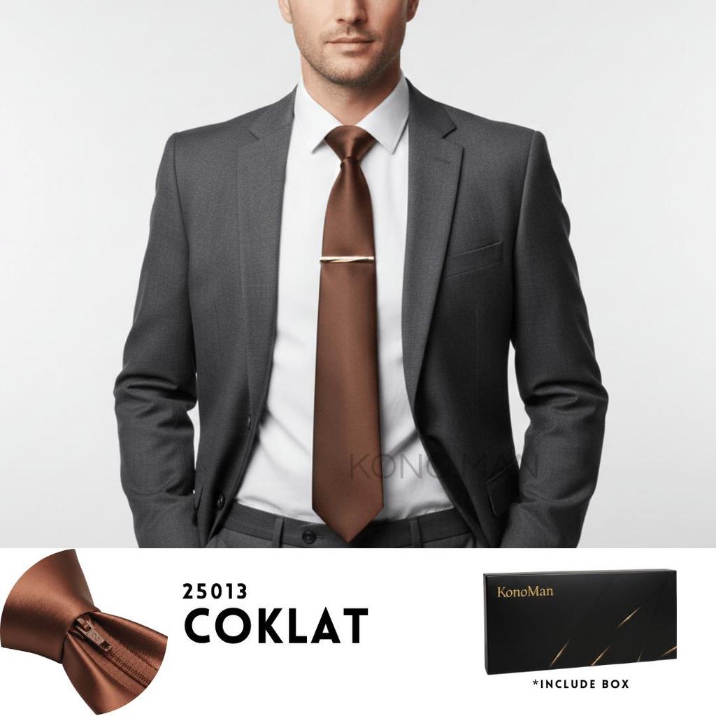 KM - Dasi Formal Pria Wanita Instant Zipper Premium Motif Polos Coklat Satin Bonus Jepit Dasi