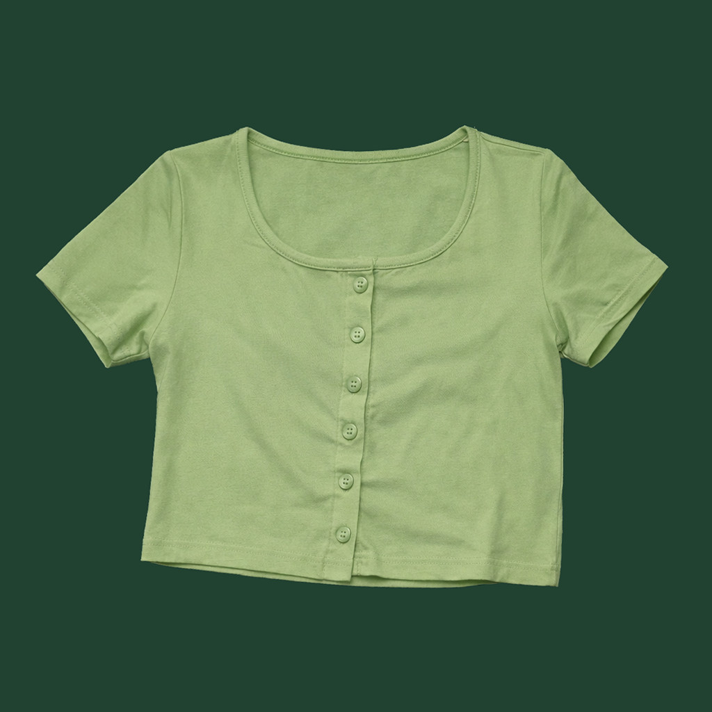KBS-52 atasan blouse y2k wanita leher persegi warna sage green solid korea jepang
