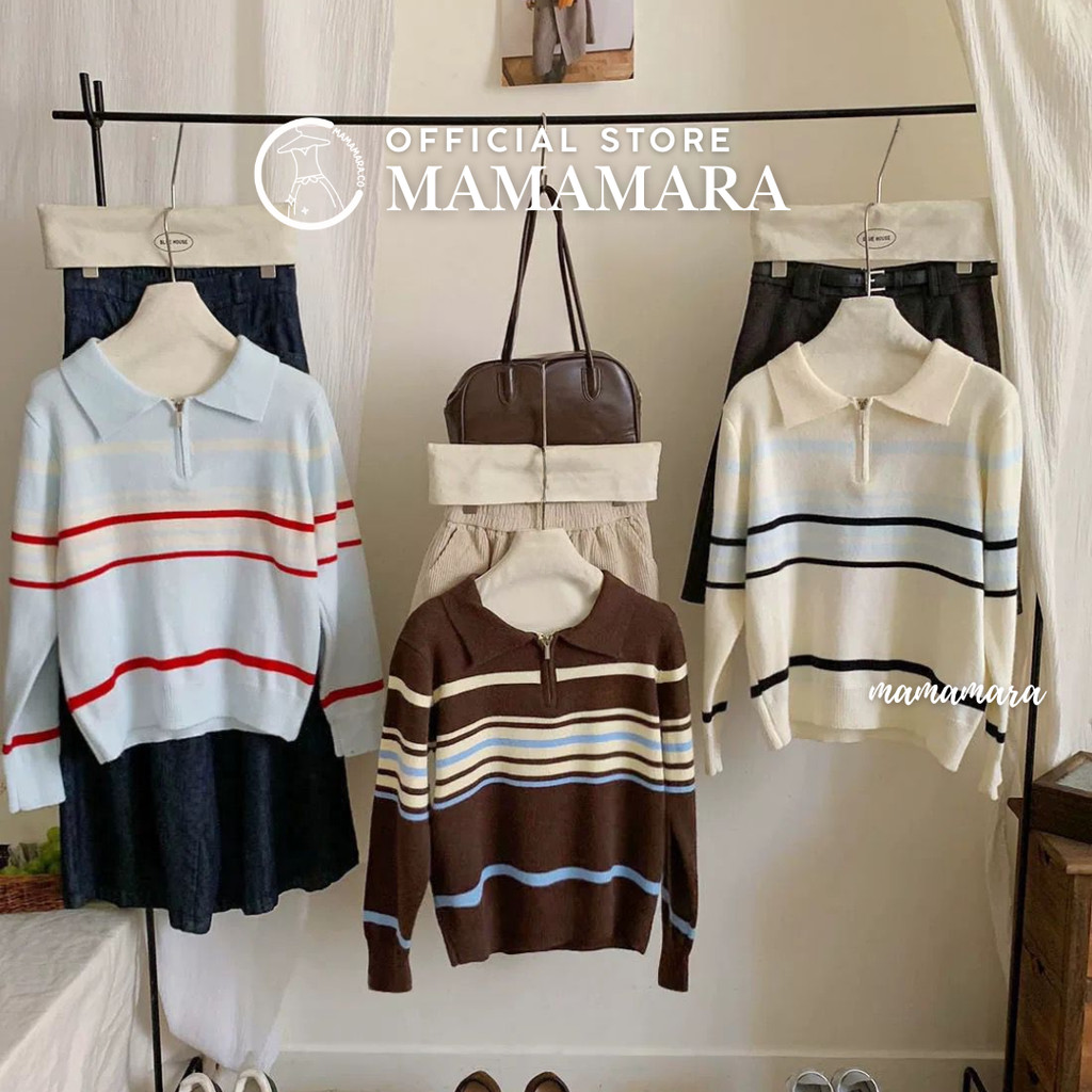 MAMAMARA - Cardigan Rajut Stripe Garis Salur Knit Tebal Premium Top Casual Kardigan Simple