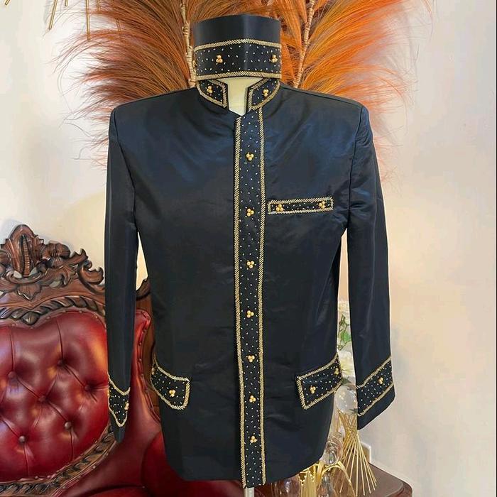 New Collection Lebaran Basofi bapak besan | Beskap bapak pengantin Polos - Hitam gold, M