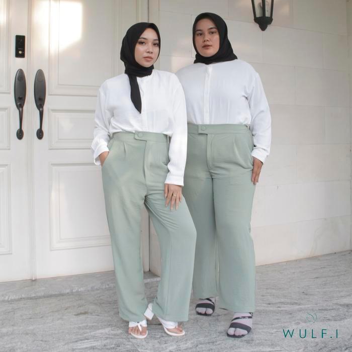 Wulfi Celana Crinkle Pants Sage Green / Celana Hhwaist Hijau Sage / Kerja Kantor / Bawahan Jumbo - N