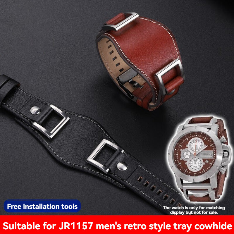 JR1157 Vintage Leather Wat Band 24mm-Genuine Cowhide Strap for Fossil Men's Wates, Retro Brown & Bla