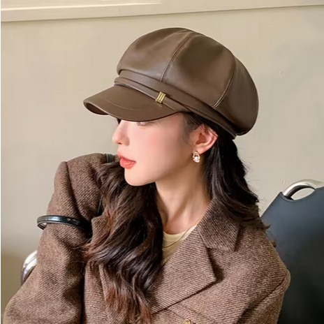 DVY - Topi Baret Kulit Fashion Trendi Stylish Wanita Buckle Hat Leather Coklat Hitam
