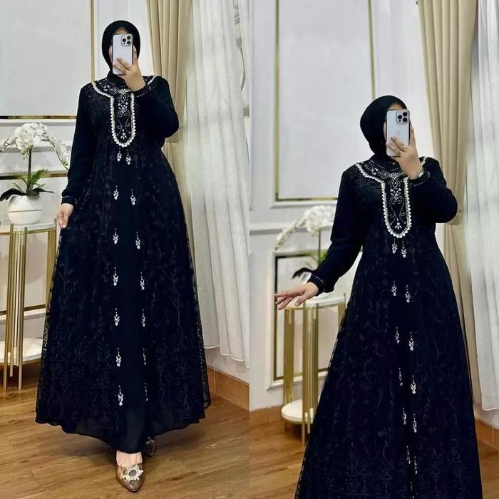 Gamis Kondangan Brukat Simple Maudy Dress BO Size M L XL XXL XXXL LD 100-130 CM Bahan Ceruty Babydol
