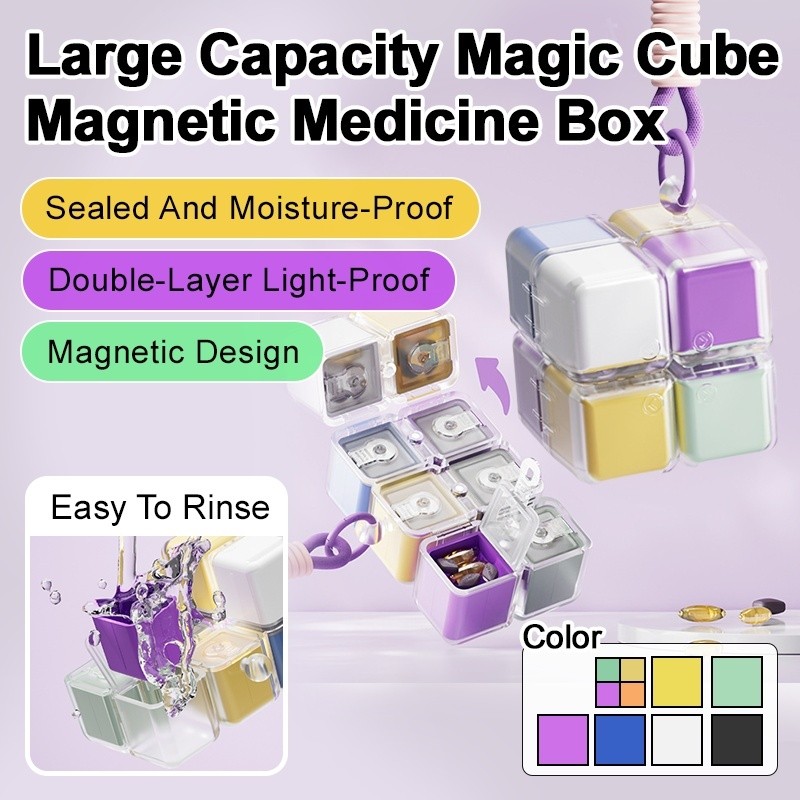 [Kapasitas Besar & Praktis] Kotak Obat Magnetik Portable Desain Kubus - Pill Case/Organizer Obat/Kot