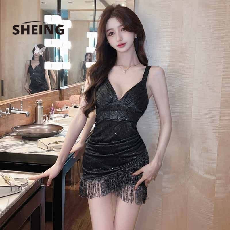 SHEING Dress TankTop Mini Wanita Pendek bawahan Potongan Rendah Ketat Lengan Spaghetti