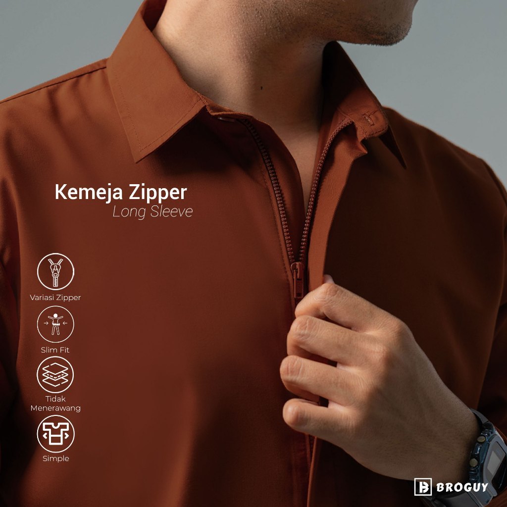 PROMO BROGUY Kemeja Zipper Pria Simple Lengan Panjang