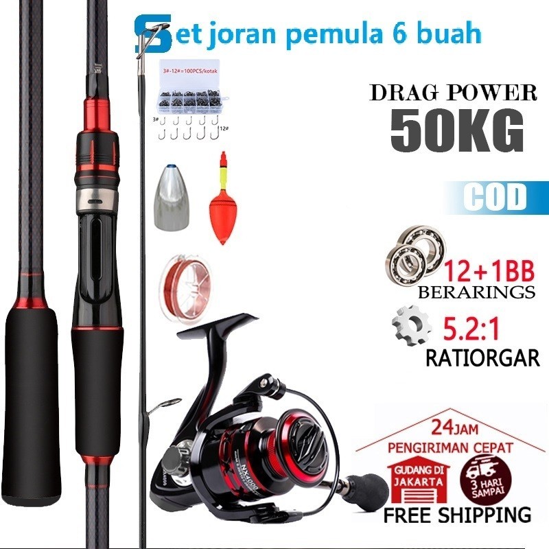 Set joran pemula 6 buah Set Pancing MURAH 165cm 180cm 210cm M Berongga Joran Pancing Set Reel Pancin
