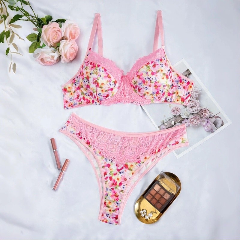 LadyAllure COD Set Bra Celana Dalam Jumbo Motif Bunga Lingerie Bikini Seksi Renda Kawat Push Up Cup 