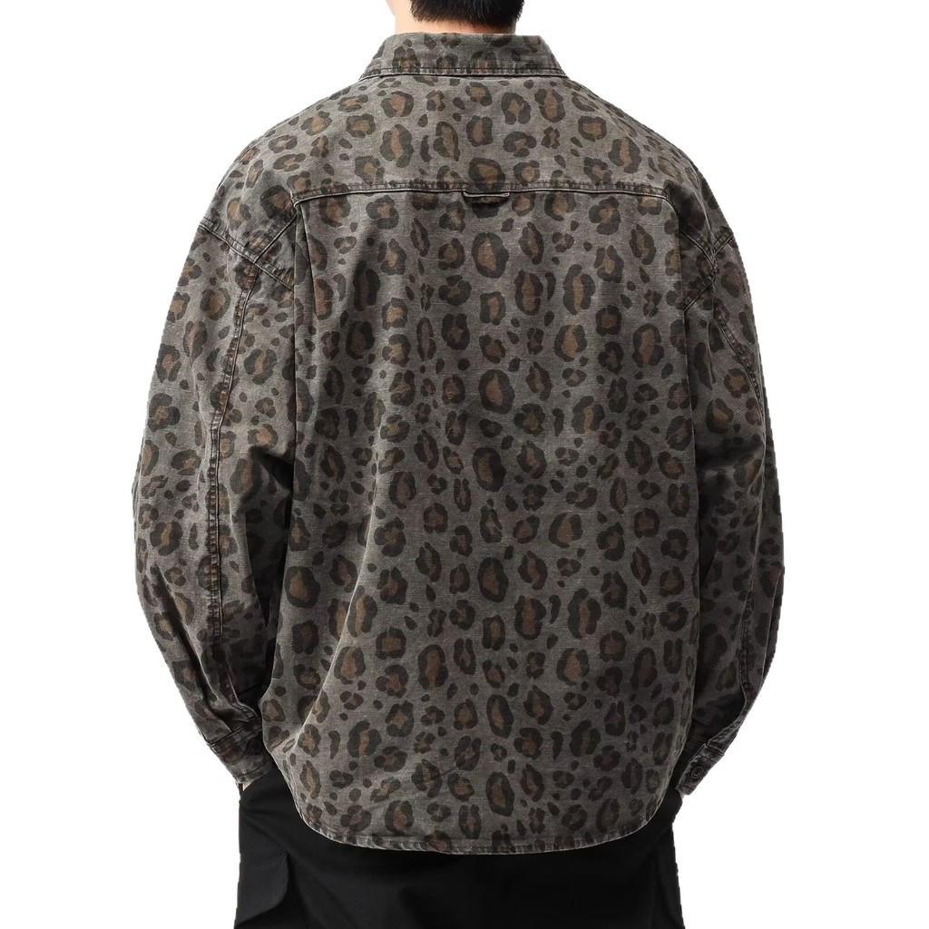 Kemeja Retro untuk Pria, Lengan Panjang, Potongan Longgar, Jaket Kasual Motif Leopard Vintage