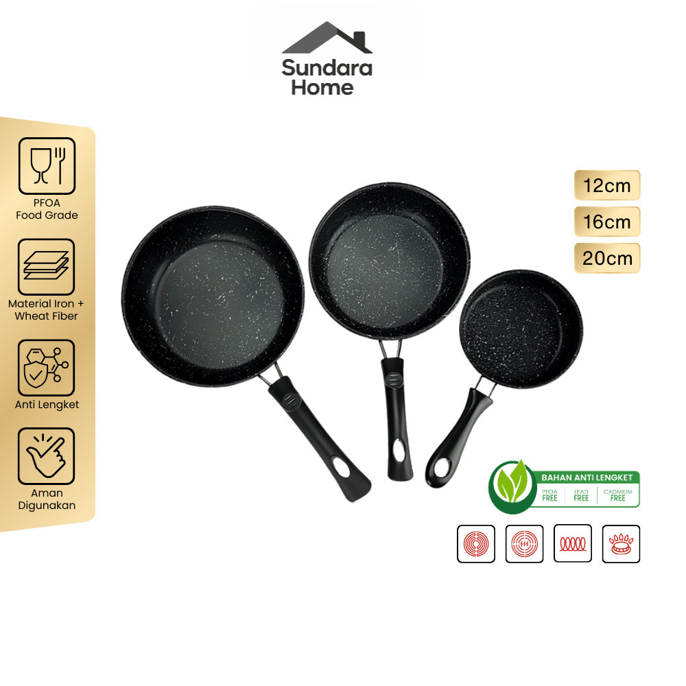 Sundara Home  - 3 Ukuran Wajan Penggorengan Anti Lengket - Untuk Semua Kompor (Listrik & Gas) - Coco