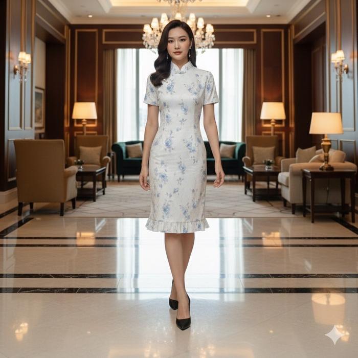 Dress Cheongsam Pendek I Bahan Poliester Premium - Putih, M