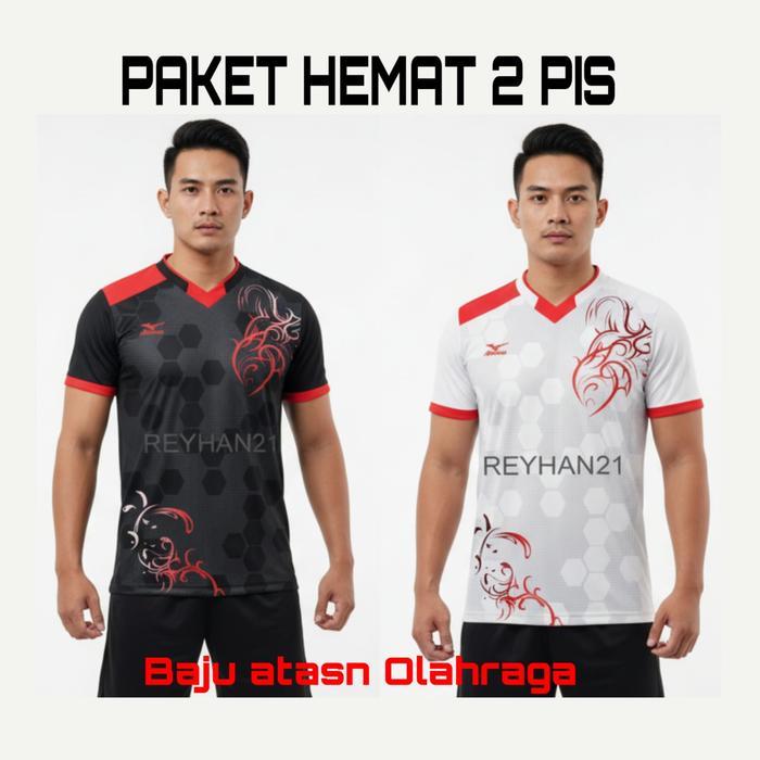 [ Paket 2 Pis ] Kaos Atasan Volly Badminton Pria wanita Dewasa Baju Olahraga Sport - Hitam-Putih, M