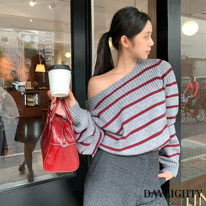 Korean Style Off-Shoulder Striped Knit Sweater - Baju Rajut Bahu Keluar Garis  DY
