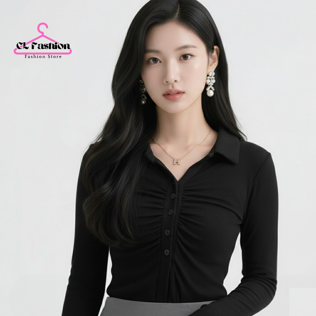 CL Atasan Kemeja Wanita Kerah V-Neck Lengan Panjang Bahan RIB KNIT / Fashion Wanita Kekinian - 920