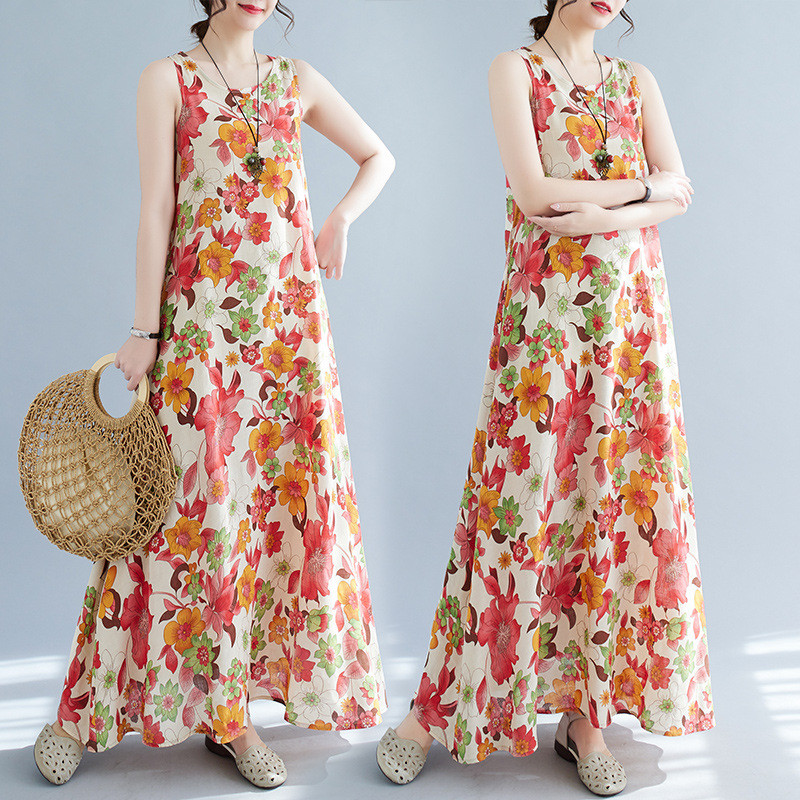 Simple Fashion Bohemian Long Dress Summer New Plus Size Sleeveless Round Neck Printed Midi Dress